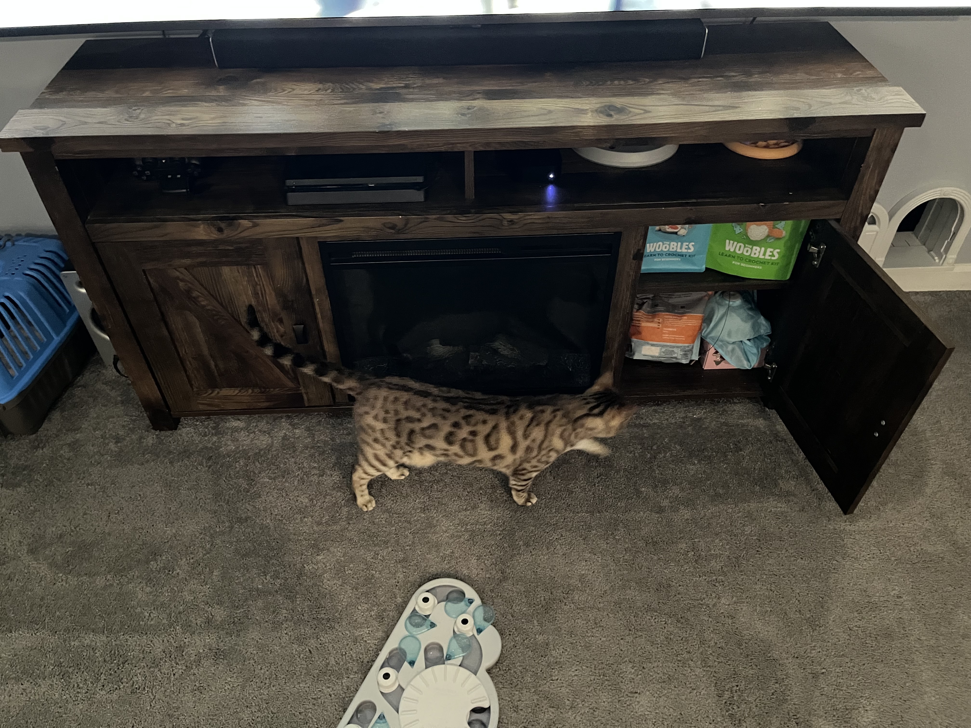 The downstairs TV stand, right cabinet open